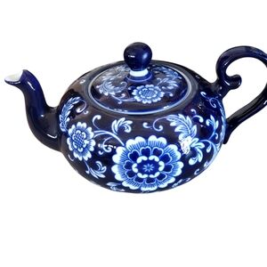 Pier 1 Mandarin Colbalt Blue & White Floral Teapot 32 Oz Retired New